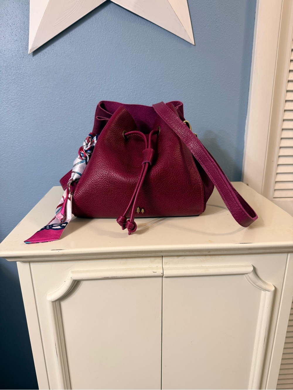 Pebble Drawstring Crossbody Bag in Magenta with Scarf Accent